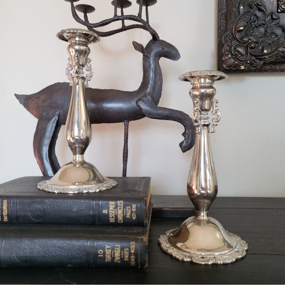 2 Baroque Wallace Silver Plate Antique Victorian Rococo Candlestick Holders 9x4